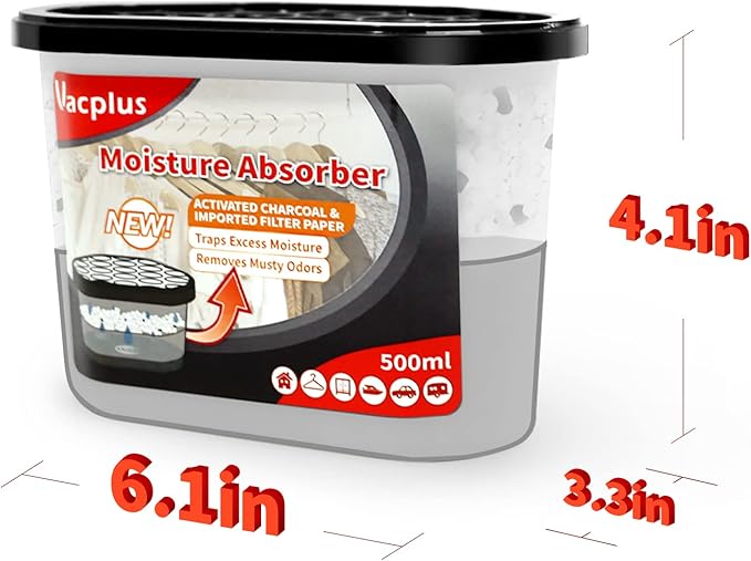 Vacplus Moisture Absorbers 6 Pack, 10.5 Oz Portable Humidity Absorber Boxes for Your Bathroom, Closet & Car, Dehumidifier with Activated Carbonfor, Black