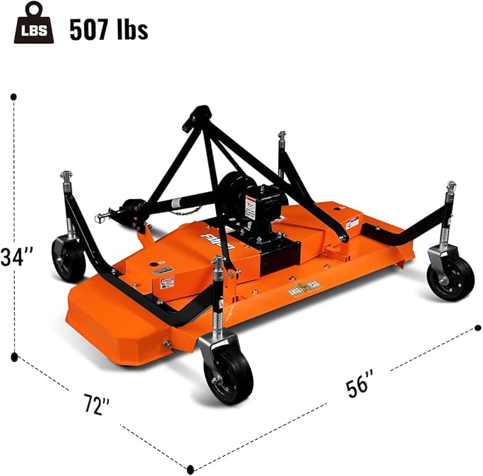 3 Point PTO 72'' Working Width Finish Mower Attachment for 18-50hp Tractor, Category 1 Hitch, 4-Tires, 0.4'' - 4.5'' Adjustable Cutting Height, Model FM180