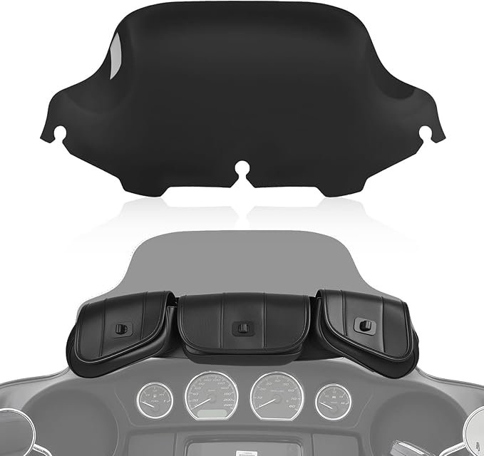 Motorcycle 8" Windshield and Bag Pack, Motorcycle Windscreen with 3 Pouch Bag Fit for 1996-2013 Harley Davidson Touring Street Glide Electra Glide FLH FLHT FLHX FLHTK, Black