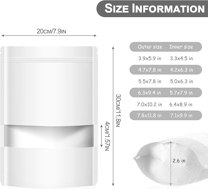 100 Pack Smell Mylar Proof Bags for Food Storage, Resealable Packaging Bag for Small Business, Stand Up Foil Pouches Reusable Heat Sealable Bags with Clear Window (White,7.8x11.8 In)