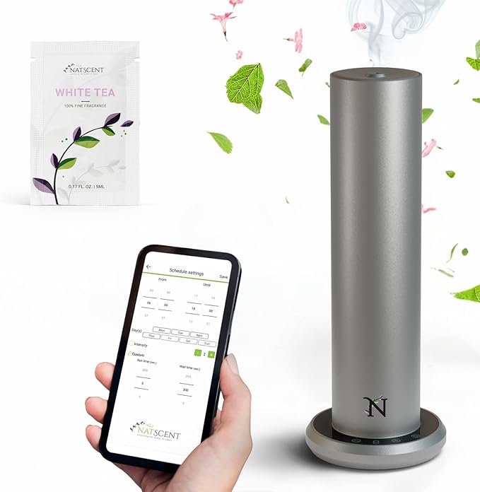 Dynamo Hotel Scent Diffuser – Cold-Air Essential Oil Diffuser for Home & Large Rooms up to 1000 sq ft, App & Manual Control, Hypoallergenic, Includes White Tea Fragrance Sample – Titanium