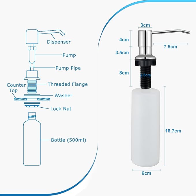 CREA Chrome Built-in Soap Dispenser for Kitchen Sink,Stainless Steel Kitchen Dish Soap Dispenser Pump,in Counter Soap Dispensers Under Sink Mouted Soap Dispenser Set 39" Tube 17oz Large Bottle