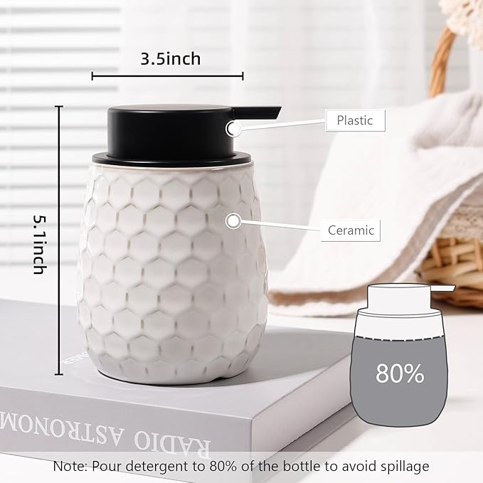 Soap Dispenser, 13 OZ Ceramic Liquid White Hand Soap Dispenser with Honeycomb Design for Kitchen or Bathroom, Refillable Dish Lotion Dispenser, ANTIS'S HOME