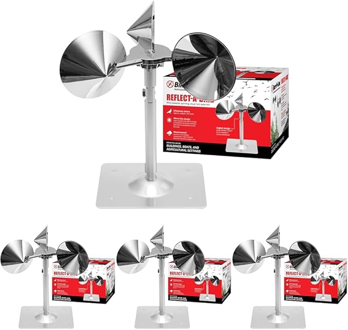 Bird B Gone - Reflect-A-Bird - Reflective Spinning Deterrent - Repels Pigeons, Sparrows, & Woodpeckers - Wind Powered - for Gardens, Railings, Roofs, Etc - Weatherproof Aluminum - Adjustable Neck