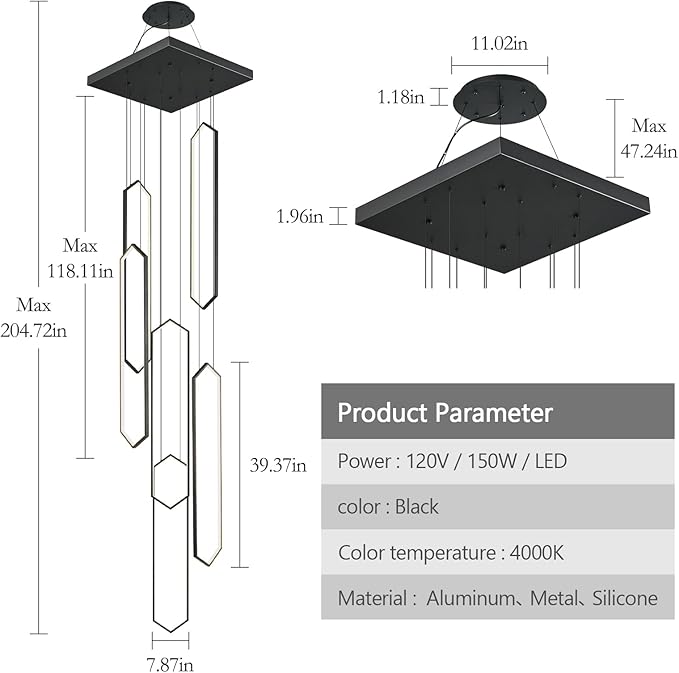 Modern Adjustable Height Chandelier Black 4000K LED Pendant Lights 6 Rings Rectangular Celling Light Staircase Large Chandelier for High Ceilings Foyer Entryway