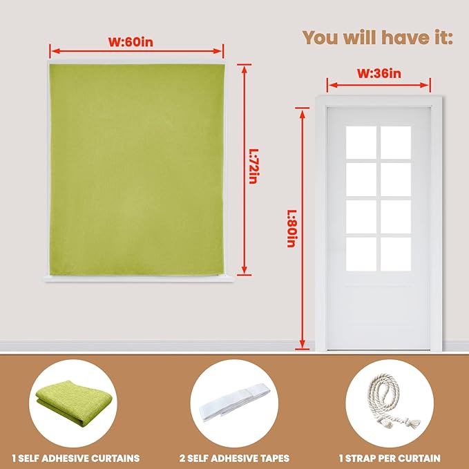 100% Blackout Curtain,Adhesive Curtain,Black Out Window Cover No Drilling Travel Kit,Perfect for Media Rooms, Dormitories and Renters (Fruit Green - W60 × L72 in)