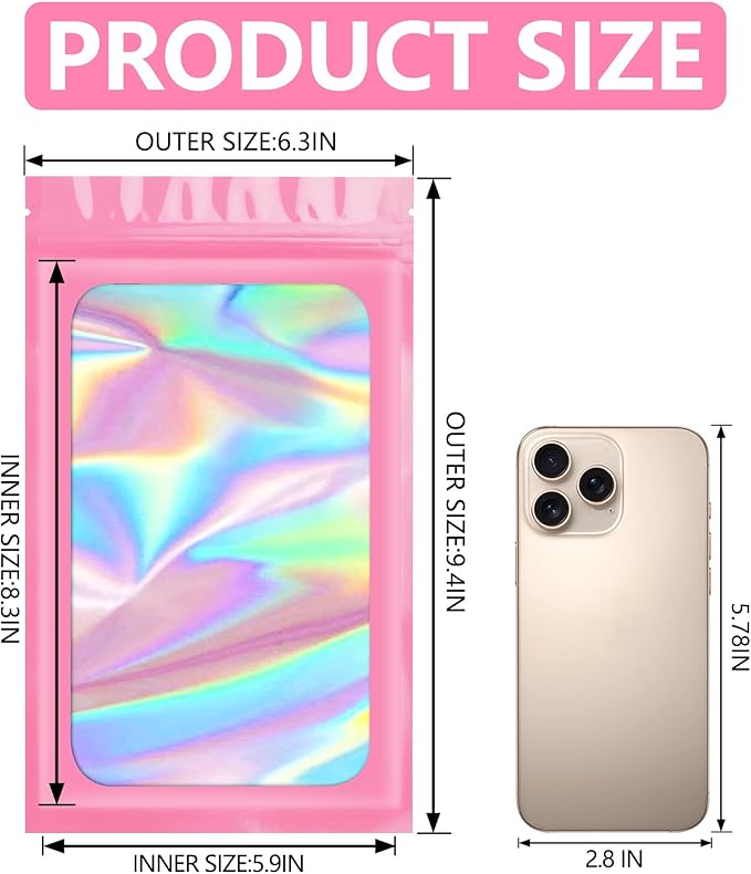 Funfery 100 pcs Pink Smell Proof Mylar Holographic Bags, Clear Resealable Odor Proof Foil Pouch Bag for Food Storage, Jewelry, Eyelash Packaging,Gloss,Small Business (6.3x9.4In)