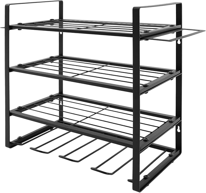 4-Tier Heavy Duty Tool Organizer Rack, Wall Mounted Tool Holder with Hooks, 132 lbs Capacity Carbon Steel Garage Storage Rack for Garages, Workshops, Repair Shops, Black