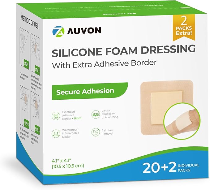 AUVON Silicone Foam Dressing with Large Adhesive Border, 4" x 4" 22 Packs Wound Dressing Bandage with High Absorbency, Waterproof Silicone Foam Pads for Wound Care & Protection Plus Cushioning