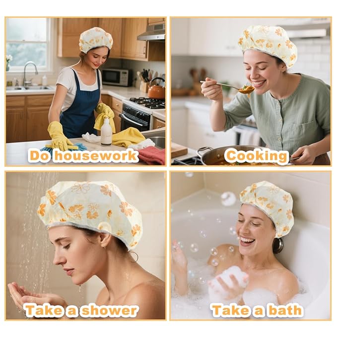 18Pcs Plastic Shower Caps for Women Waterproof Bath Caps Bathing Hair Cap Reusable Shower Caps for Shower,Spa,Salon,Housework,Girls,Home,Travel (Yellow-Flower)