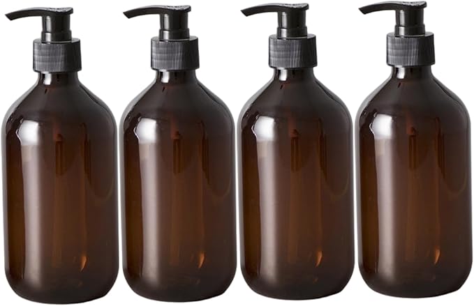 Pump Bottle Dispenser, 4PCS Soap Dispenser with Pump, 500ml/17oz Plastic Shampoo, Refillable Lotion Bottle for Cream