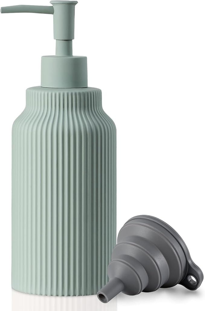 Modern Matte White Soap Dispenser for Bathroom，14oz Ceramic Soft Touch Hand Lotion Dispenser with Pump，Liquid soap Dispenser for Kitchen Rubber Paint (Green)