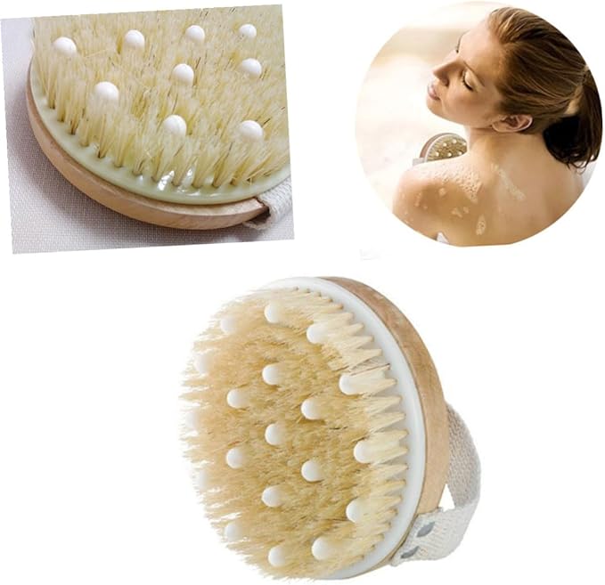 Exfoliating Bath Brush with Natural Bristles and Hand Strap Medium Stiffness Shower Scrubber for Dead Skin Removal Massage and Stimulation Body Brush for Feet Knees and Legs