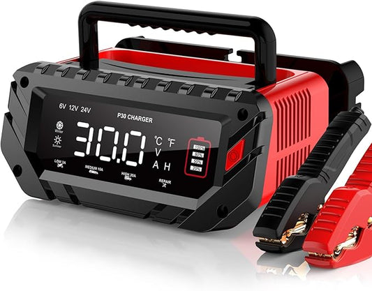 30 AMP Car Battery Charger, 6V/12V/24V Lead-Acid, Lithium, LiFePo4 Smart Battery Charger, Large Screen Trickle Charger, Fully Automatic Chargers and Maintainer for Car, Motorcycle, Lawn Mower