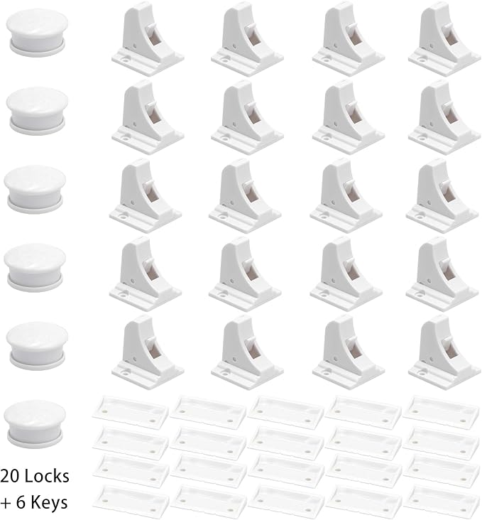 20 Pack Magnetic Cabinet Locks Baby Proofing Child Safety Cupboard Drawers Latches. (6 Keys)