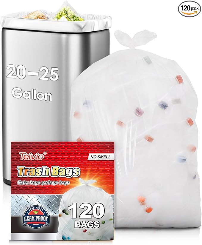 20-25 Gallon 120 Counts Tall Kitchen Trash Bags,Fit 16,18,20,21,23,25Gal,Garbage Bags by Teivio, Unscented,75 Liters Bin Liners, Plastic Bags for home,for Bathroom,Office,Industrial,Clear