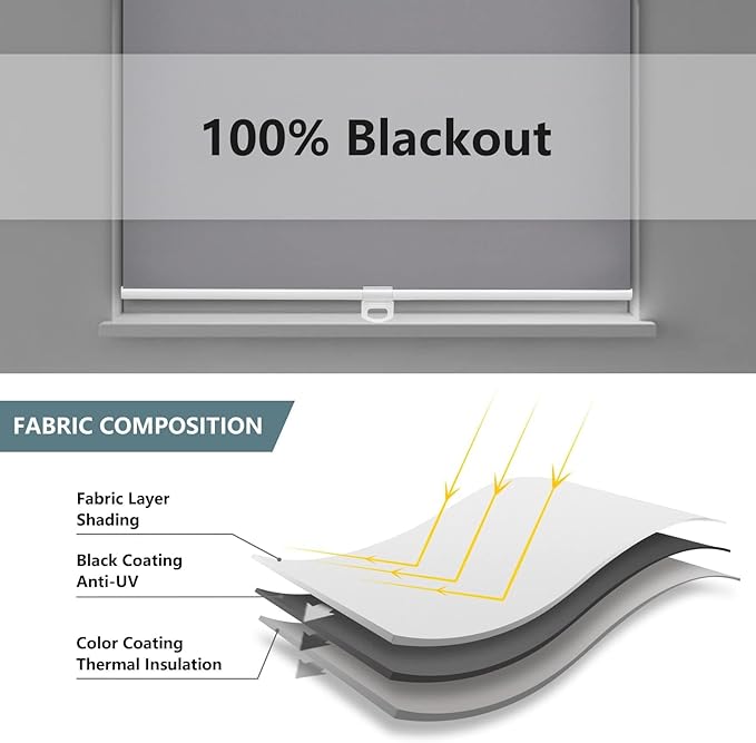 AOSKY Cordless Roller Shades Blackout Blinds for Windows Room Darkening Rolled Up Shades with Spring System, UV Protection Window Shades Door Blinds for Home and Office (27.5" W x 72" H, Grey)