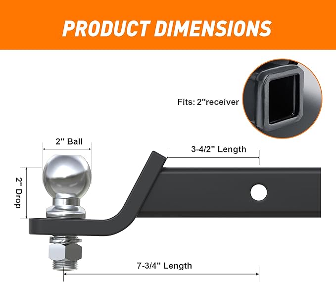 AC-DK Trailer Hitch Mount with 2-Inch Ball & Pin, Fits 2-in Receiver, 7,500 lbs Capacity Ball Hitch, 2" Drop