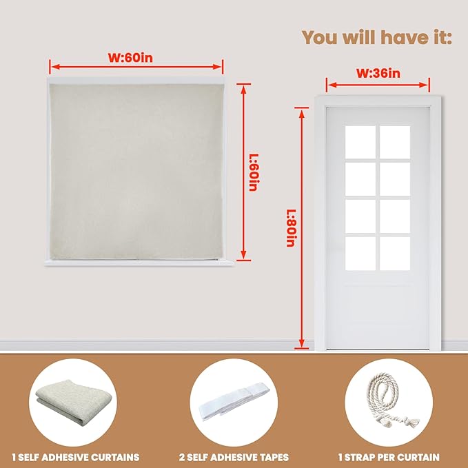 Adhesive Curtain,100% Blackout Curtains, No Drilling, Suitable for Multi-Scenes Privacy Protection (Light Beige - W60 × L60 in)