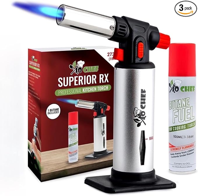 Jo Chef Kitchen Torch With Butane included, Refillable Butane Torch, Creme Brulee Torch, Blow Torch Lighter gun With Safety Lock & Adjustable Flame, 3 Cans (3.38oz) Included