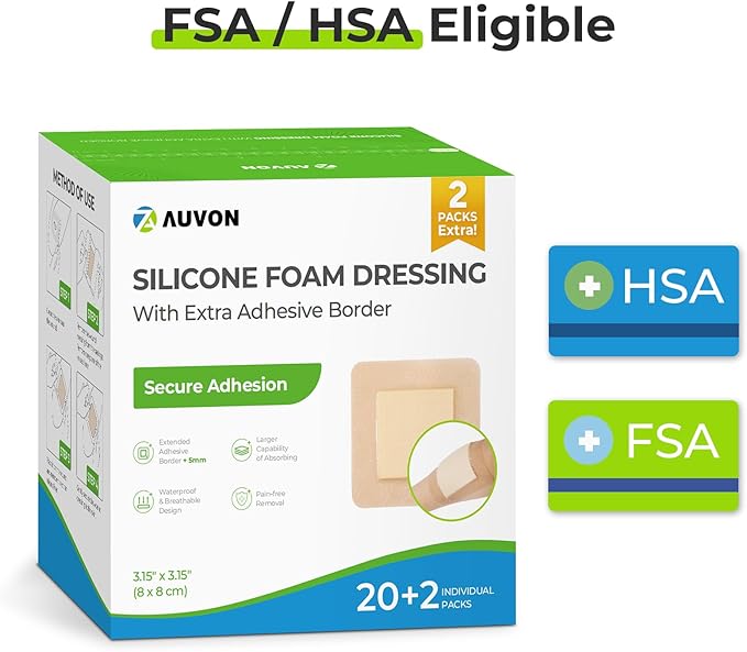 AUVON Silicone Foam Dressing with Large Adhesive Border, 3" x 3" 22 Packs Wound Dressing Bandage with High Absorbency, Waterproof Silicone Foam Pads for Wound Care, FSA/HSA Eligible