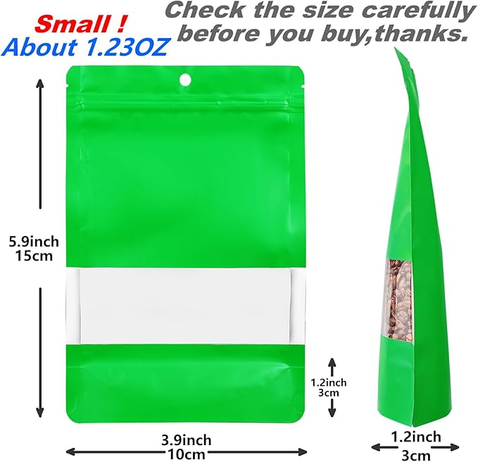 150 Pack Stand up Matte Metallic Storage Bags with Clear Front Window Heat-Sealable Resealable Solid Color Pouches for Food Storage Containers Organizer(Green,3.9 * 5.9 inch,Pack of 150)