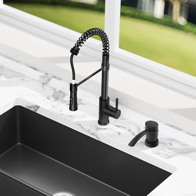 SAMODRA Sink Soap Dispenser Lotion Dispenser for Kitchen Sink, Built in Dispenser Matte Black ABS Pump Head, with 11 OZ Bottle