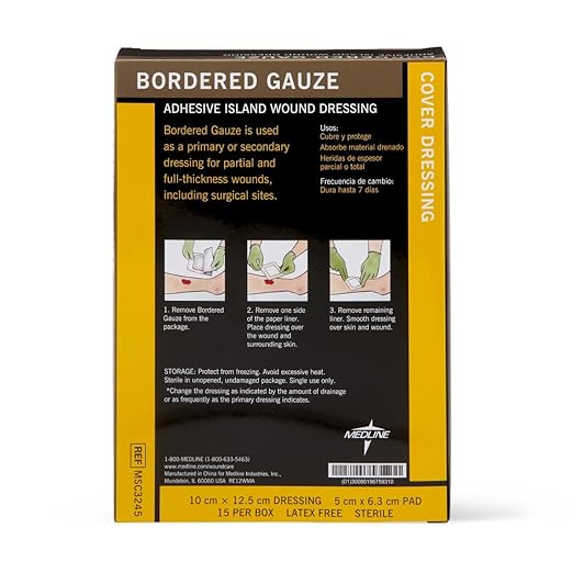 Medline Sterile Bordered Gauze Adhesive Island Wound Dressing, 4" x 5" with 2" x 2.5" Pad - Count of 15