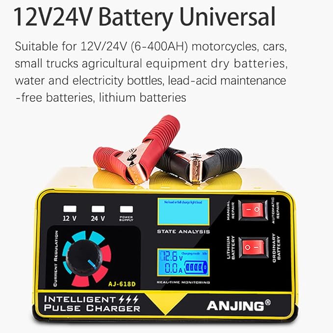 12V 24V Car Battery Charger, 15A Lead-Acid Lithium Battery Charger, Smart Trickle Charger Maintainer, Deep Cycle Battery Repair Charger Automotive Desulfator for Car Motorcycle Truck Boat Lawn Mower