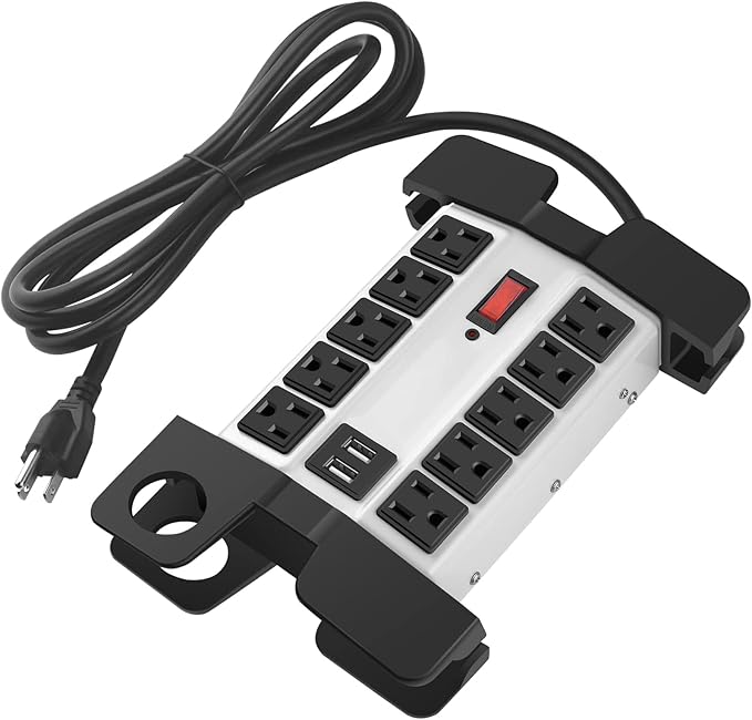 CCCEI Heavy Duty Power Strip with USB Ports, Garage 10 Outlets Surge Protector 2700 Joules, Industrial Workshop Metal 15Amp Multiple Outlets, 10 FT Extension Cord and Wide Spaced Grey.