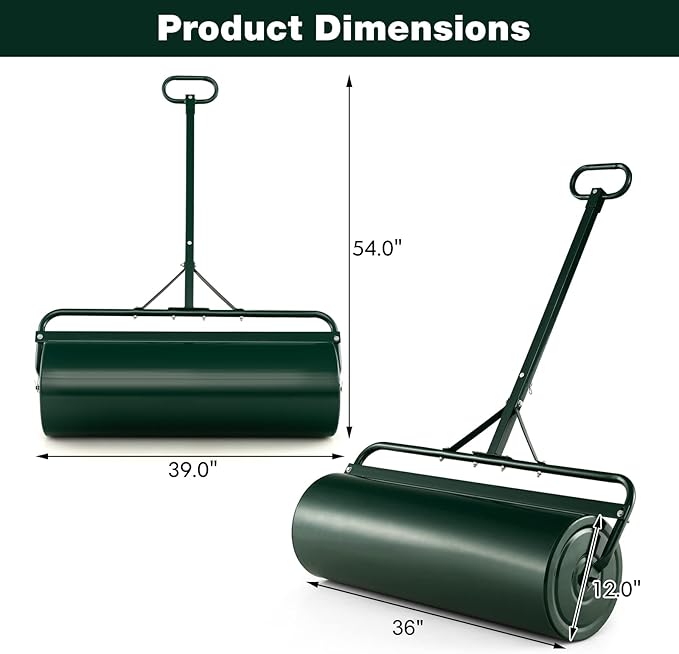 Goplus Push/Tow-Behind Lawn Roller, 17 Gallon/63L Water/Sand-Filled Sod Drum With Detachable Gripping Handle, 12 by 36-Inch, Green - for Garden, Yard, Farm