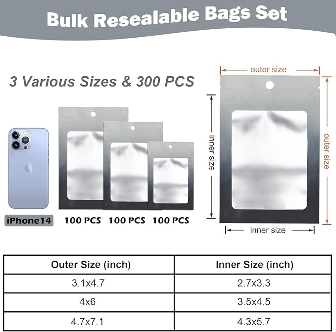 300 Pcs Gradient Mylar Bags, 3 Size Smell Proof Bags with Clear Window Foil Pouch Bags Resealable Bags for Small Business and Food Storage, Grey Black