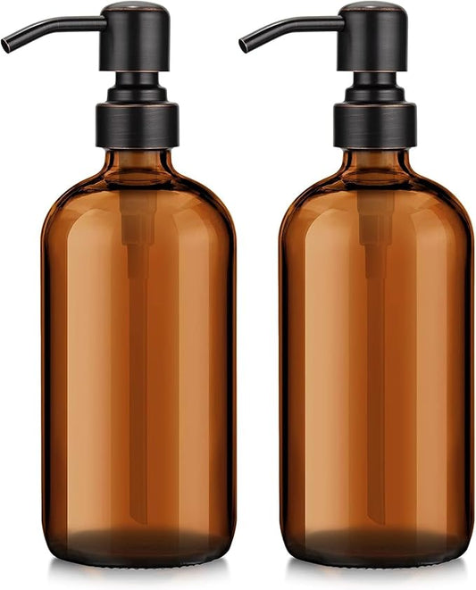AmazerBath Amber Glass Soap Dispensers, 2 Glass Amber Pump Bottles, 17 Oz Dish Soap Dispenser, Kitchen Bathroom Hand Soap Dispensers for Hand Sanitiser, Shampoo, Lotion, Shower Gel Conditioner