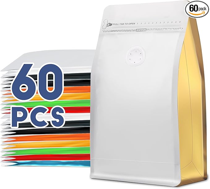 Coffee Bags with Valve(60pcs,8 oz,1/2 lb) Vented Coffee Beans Packaging Bags High Barrier Aluminumed Foil Flat Bottom Heat Sealed Side Zipper Resealable Storage Bag for Home or Business（White+Gold）