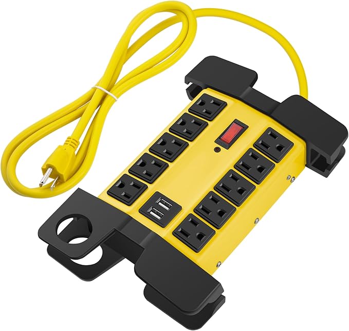CCCEI Heavy Duty Power Strip with USB Ports, Garage 10 Outlets Surge Protector 2700 Joules, Industrial Workshop Metal 15Amp Multiple Outlets, 6 FT Extension Cord and Wide Spaced Yellow.