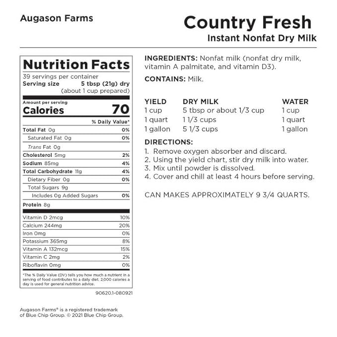 Country Fresh Instant Nonfat Dry Milk Powder, 39 Servings, 20 Year Shelf Life, Gluten Free - Canned Vitamin-Fortified Nonfat Milk Powder for Baking and Emergency Food Supplies