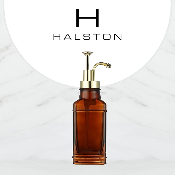 Amber Glass Soap Dispenser with Brushed Gold Pump Dispenser, Modern Refillable Pump for Bathroom, Kitchen, or Office, Elegant Accent Piece for Interior Decoration