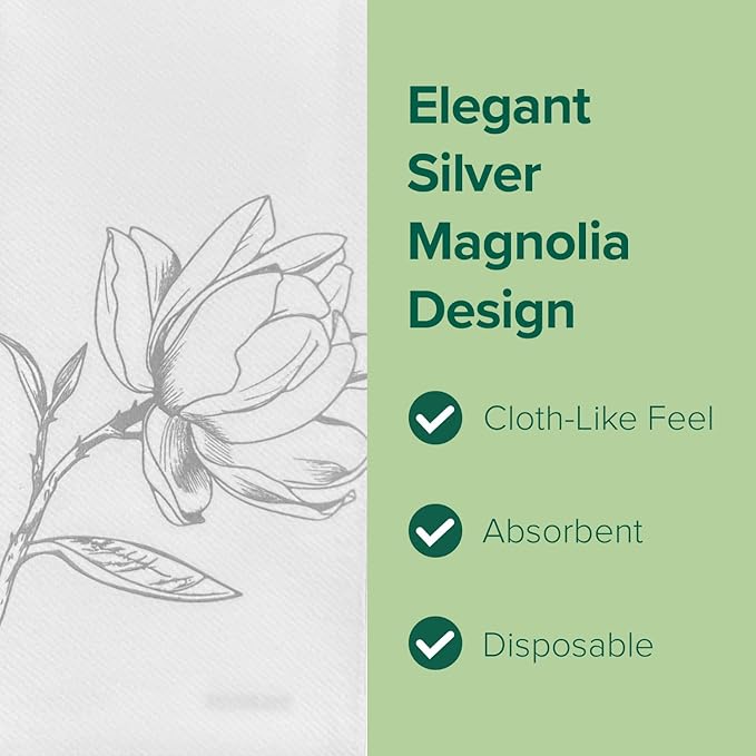 SimuLinen Silver Magnolia Disposable Bathroom Guest Towels - Folded, Single-Use, Kosher Paper Towels, 12x17", 100ct (Made in USA)