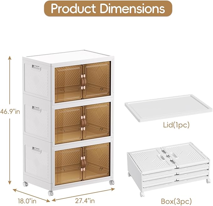 JEKO&JEKO 800Qt Stackable Storage Bins with Lids and Wheels, Foldable Collapsible Plastic Boxes for Clothes, Home, White, 6Pack