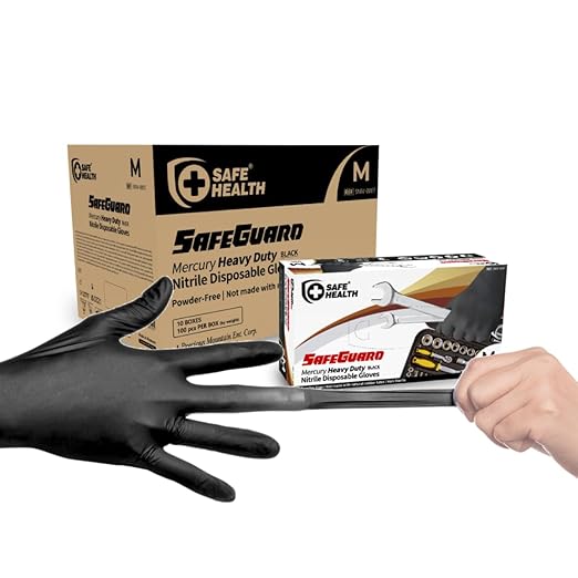 Safe Health HD Industrial Nitrile Black Disposable Gloves, Heavy Duty, 5 Mil, Case of 1000, Medium, Latex Free, Powder Free, Oil Grease Resistant, Automotive, Mechanic, Maintenance