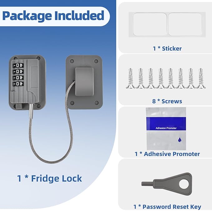 Refrigerator Lock, Heavy Duty Fridge Locks for Kids, Freezer Lock with Combination for Refrigerator Drawer Cabinet Safety, Easy to Install No Keys Needed Grey, 2 Packs