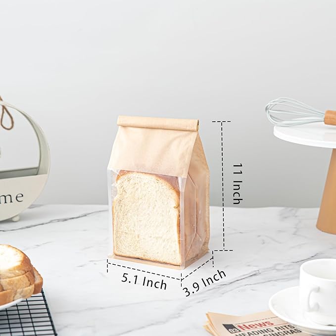 100 Pcs Bread Bags for Homemade Breads, 5.1 x 3.9 x 11 Inch Small Brown Bakery Bags with Tin Tie, Cotton Paper Loaf Bag, Storage Packing Bag with Clear Window