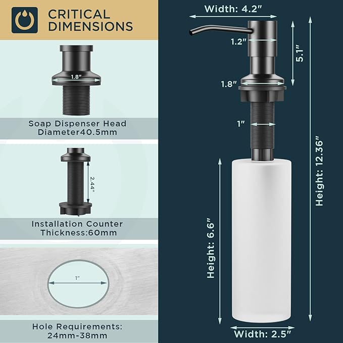 FORIOUS Black Soap Dispenser for Kitchen Sink with 500ML/18OZ Bottle, Lotion Dispenser Built in Refill from The Top for Countertop Sink