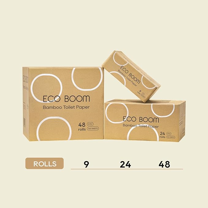 ECO BOOM Toilet Paper 100% Bamboo 3-fly, Tree Free & Chemical Free Packaging, 24 mega Rolls, 360 Sheets｜PFAS Free, BPA Free, Septic Safe & FSC Certified