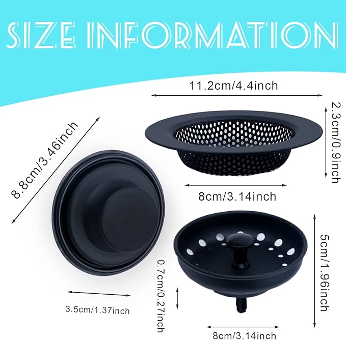3 Pieces Kitchen Sink Stopper Strainer, 3 in 1 Kitchen Sink Basket Strainer, Universal Anti-Clogging Stainless Steel Sink Disposal Stopper, Perforated Basket Drain Filter Sieve