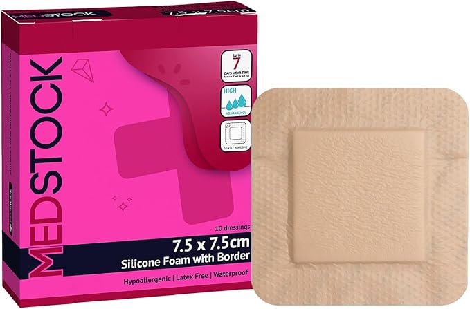 MEDSTOCK Silicone Foam Dressing with Border, 3"x3" (Pack of 10), Wound Care, Super Absorbent, Atraumatic Removal, Five Layers, Waterproof, Seals Wound Edges, No Adhesion Loss