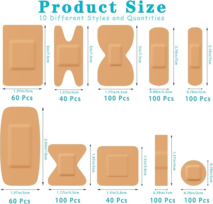 Assorted Bandage Variety Pack (800 Pcs), Waterproof & Breathable Large Adhesive Bandage Bulk Pack for First Aid Supplies and Wound Protection (10 Styles)