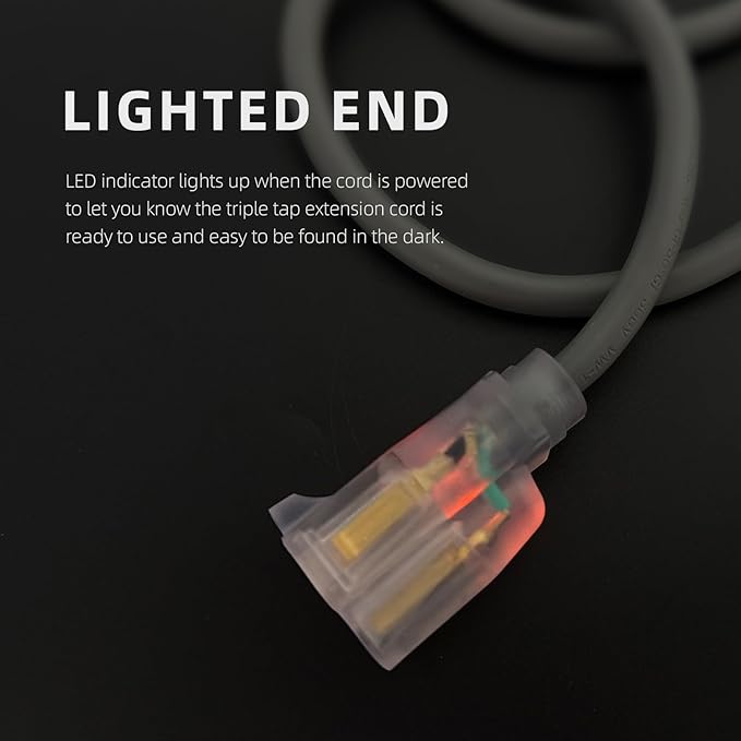 EP 15 Ft 16/3 SJEOW Heavy Duty Extension Cord, Grey Power Cable with LED Lighted Plug & 3-Prong Grounded Plug, Water-Resistant for Indoor/Outdoor Use, Lawn, Garden, Appliances & Tools