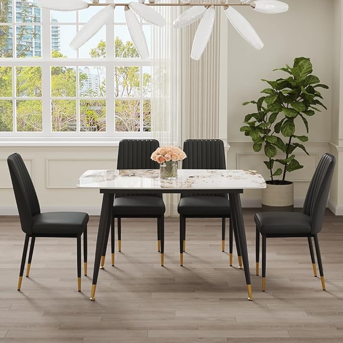 5 Pieces Modern Sintered Stone Dining Table Set 50" Rectangular Faux Marble Tabletop Kitchen Table with 4 PU Leather Chair Dinette Set(1Faux Marble Table+4Black Chairs)