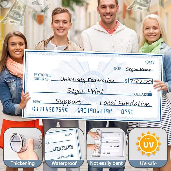 Big Check Giant Check 40x16 Inch Dual-Color Dry Erase Award Chcek | Blue & Black Reusable Ceremonial Plaque for Fundraising & Milestones | Waterproof Laminated Paper